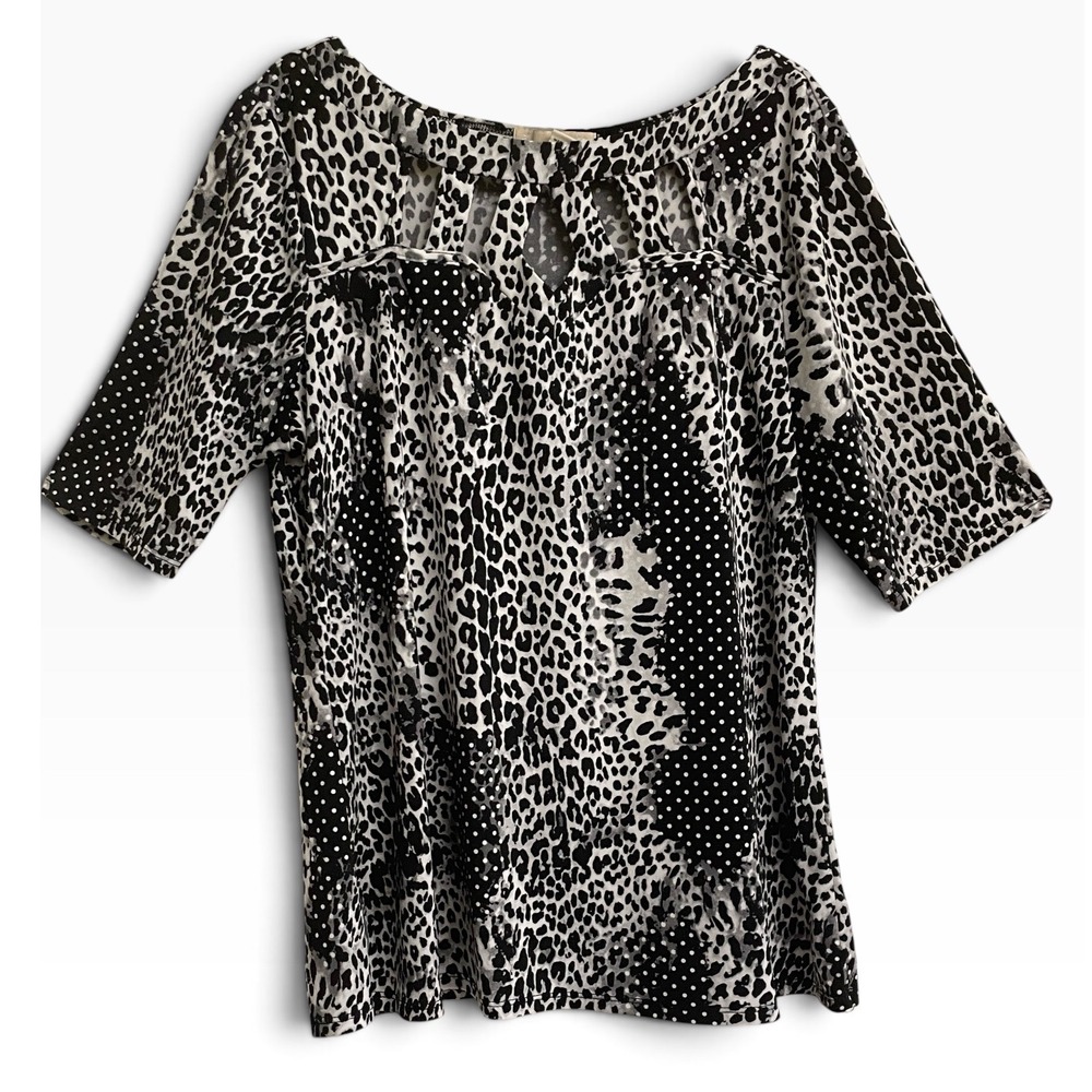 Diana Belle Mixed Print Top Women Large Black White Leopard Polka Dot